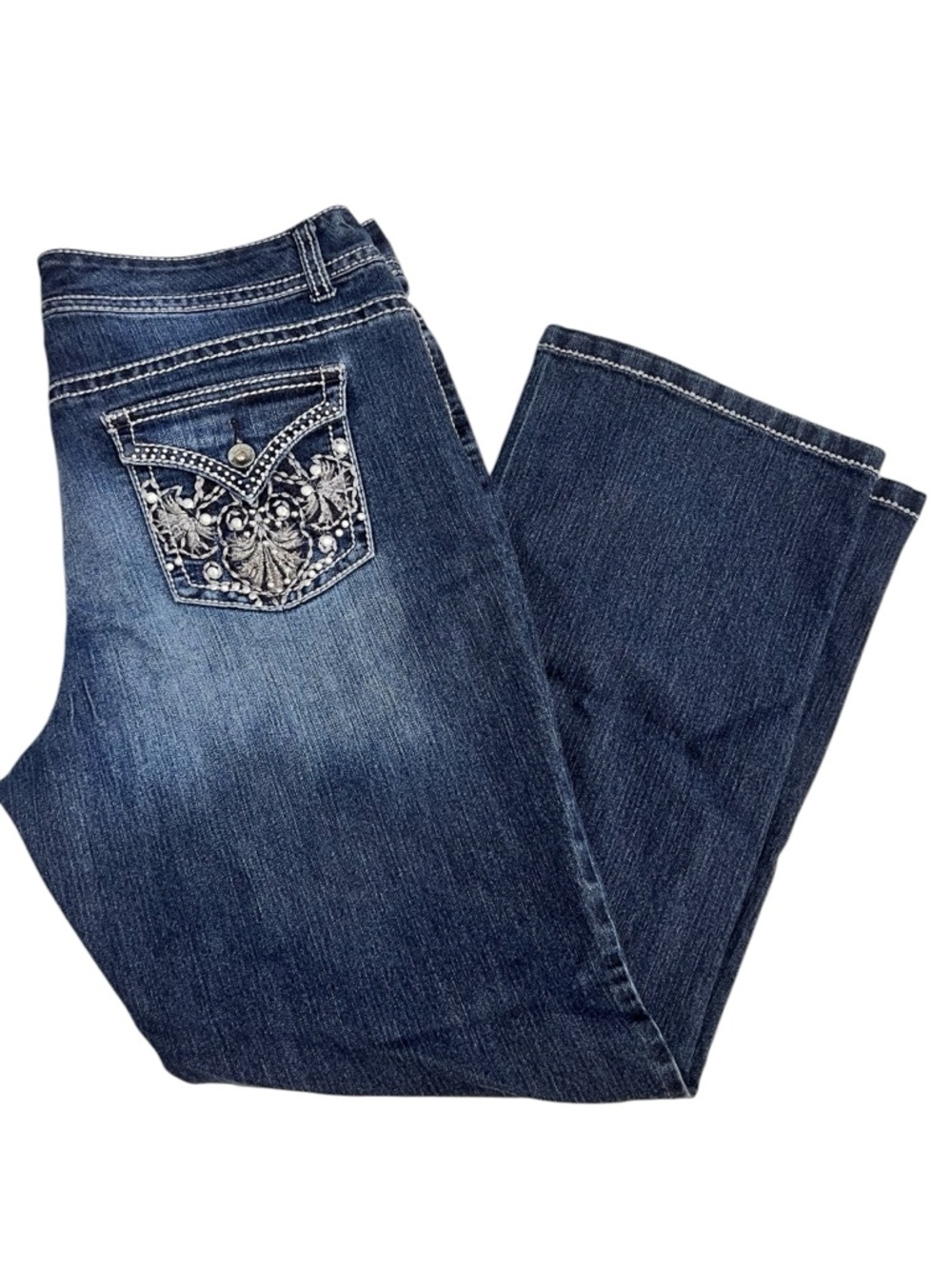 Nine West Women’s Dark Blue Bootcut Jeans w/Embroidered Rhinestone Pockets Sz 16